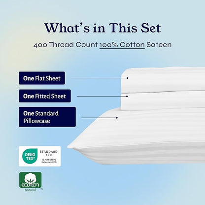 California Design Den Striped Twin Sheets Set - Soft 400 Thread Count Sateen, Natural 100% Cotton Sheets Twin Size Bed Set with Deep Pockets, Cooling and Durable Bedding - Striped White
