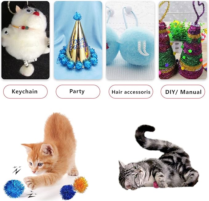 20 Pack 2 Inches Sparkle Balls for Cats, Large Size, Glitter Pom Poms Fuzzy Balls for Cats, Kitten Indoor Assorted Color Random-Mewly Pet