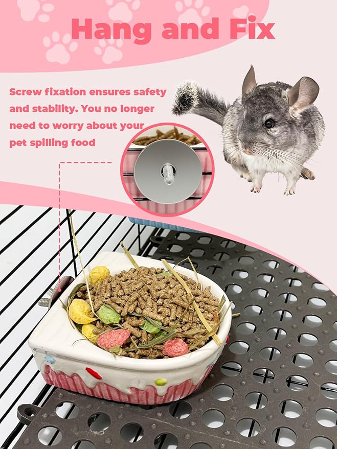 Chinchilla Food Bowl Ceramic Guinea Pig Cage Feeder Hanging Bunny Food Dish Small Animal Feeding Bowls for Syrian Hamster Ferret Gerbils (Pink)-Mewly Pet