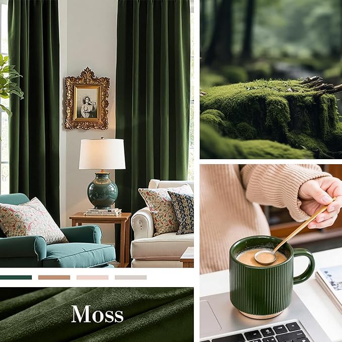 Lazzzy Velvet Blackout Curtains Thermal Insulated Room Window Drapes Super Soft Luxury Curtains for Living Room Bedroom Rod Pocket 2 Panels, Moss, 52" W x 63" L