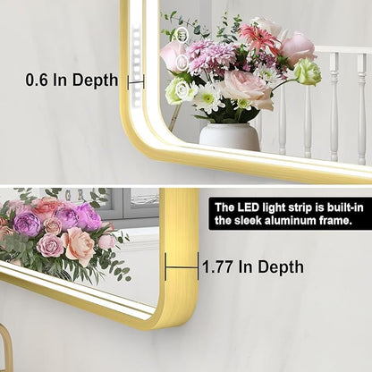 LED Bathroom Mirror with Lights, 32x32 Inch Gold Metal Framed LED Mirror for Bathroom, 3 Colors and Stepless Dimmable Wall Mounted Lighted Bathroom Vanity Mirror, Anti-Fog, Memory