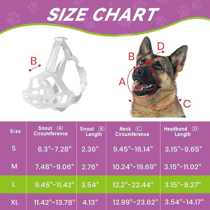 Glow-in-The-Dark Dog Muzzle, Basket Muzzle for Small Medium Large Dogs,Anti-Biting Chewing, Lightweight Cage Design,Allows Drinking & Panting,for Grooming & Training (Transparent Size L)-Mewly Pet
