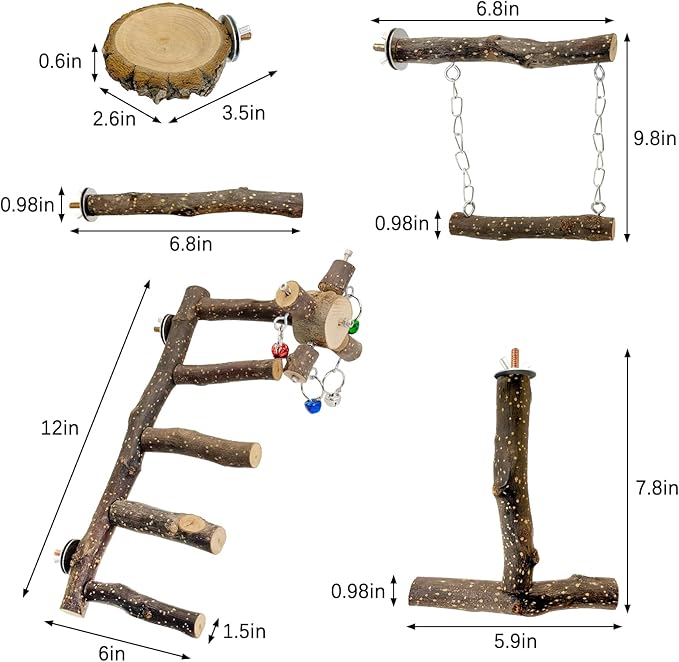BNOSDM Natural Wood Bird Ladder Perch 6Pcs Parrot Stand Branches Climbing Chewing Stick Parakeet Swing Toys Cage Accessories Paw Grinding Fork Sets for Lovebirds Cockatiels Conure Budgies-Mewly Pet