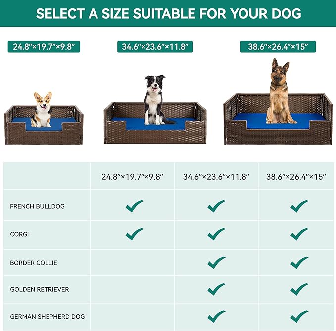 YITAHOME Rattan Dog Sofa Bed with Cushion,Wicker Pet Bed Sofa Couch Indoor Outdoor Water Resistant for Large Medium Small Dogs Cats (34.6''L*23.6''W*11.8'',Blue)-Mewly Pet