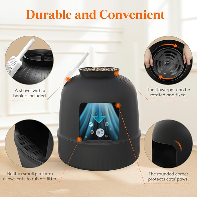 Lifewit Litter Box Cat with Faux Plant & Scoop, Hidden Enclosure Litter Tray with Odor Control & Carbon Filter in Living Room, Bedroom, Corner, Black-Mewly Pet