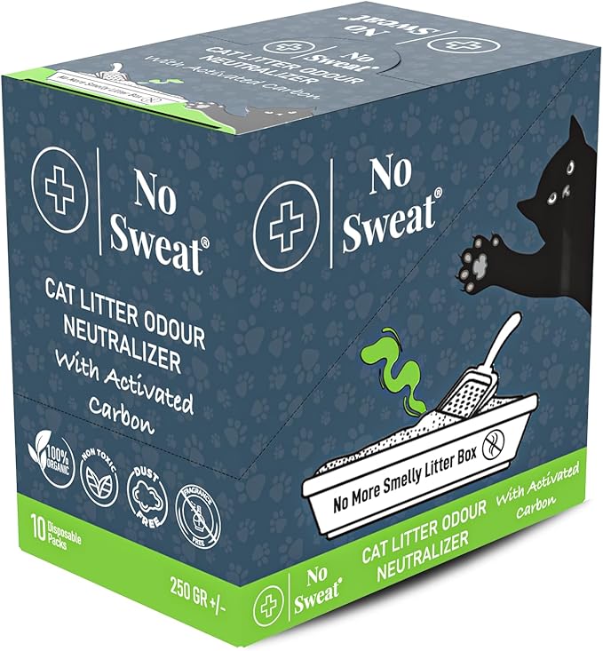 No Sweat Activated Carbon Cat Litter Odour Neutralizer- Made Of Coconut Shell -All Natural - None Chemical,Toxic Ingredients- Non-Scented-Planet Friendly-Disposable 10 Packs in One Box 250 GR-Mewly Pet