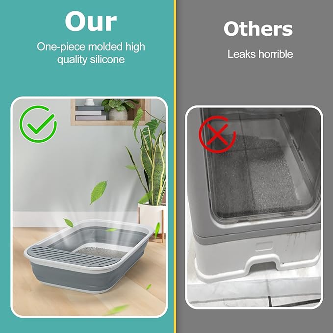 Open Top Cat Litter Box, Large Foldable Kitty Potty with Height-Adjustable Sides and Anti-Splash Design, Easy Clean with Cat Litter Scoop (Gray)-Mewly Pet