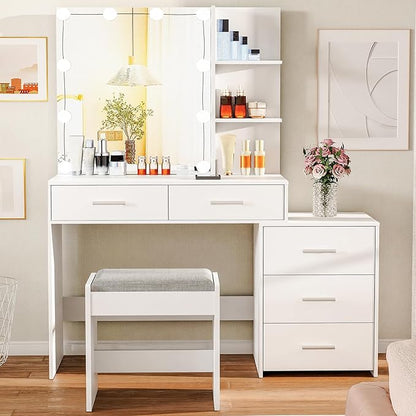 usikey 43.5in Large Vanity Desk with Mirror and 10 LED Lights, Makeup Vanity Table with Lights and 5 Drawers, White Vanity Table Vanity Set with Storage Shelves and Stool for Women Girls, White