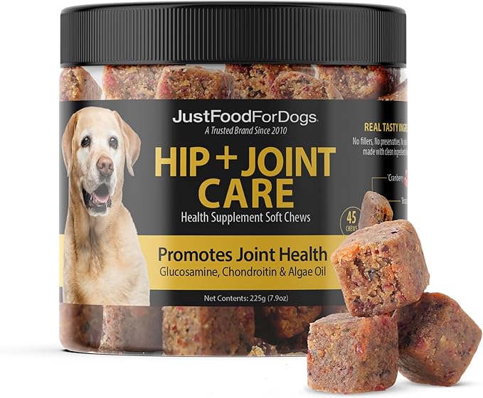 JustFoodForDogs Hip + Joint Soft Chews Mobility Supplement for Dogs with Glucosamine and Chondroitin, Superfood Blend, Human Grade, Plant-Based - 45 Count-Mewly Pet