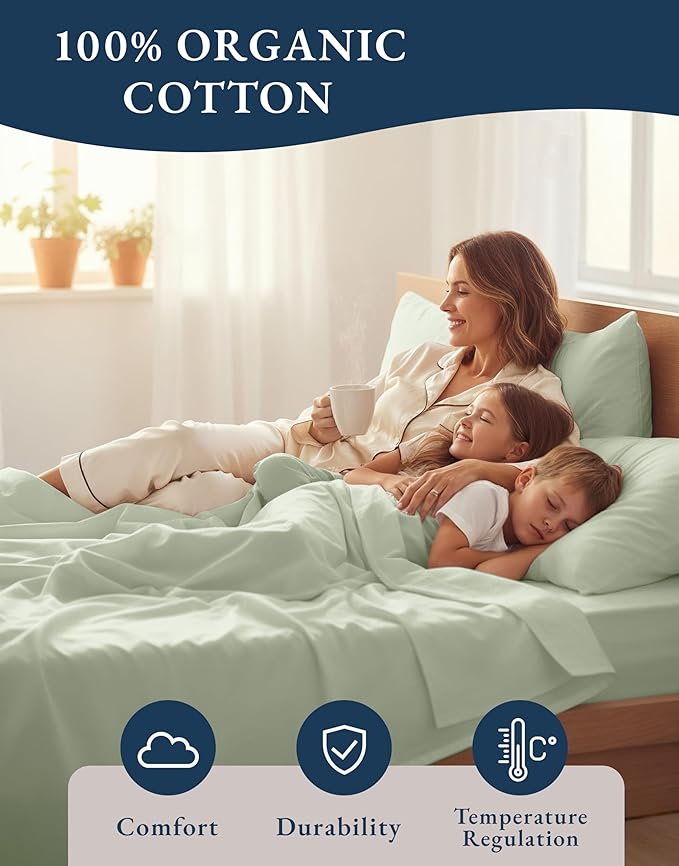 LANE LINEN 100% Organic Cotton King Bed Sheet Set, Bedsheets 4Pc Soft Cooling Fully Elasticized Mercerised All Season Sustainably Produced Cotton Sheets King Size, Oeko Tex Sheets - Mineral