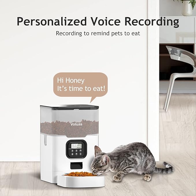 VOLUAS Automatic Cat Feeders - Dry Food Dispenser with Timer, Desiccant Bag, Programmable Portion Size Control 4 Meals Per Day, 10s Voice Recorder-Mewly Pet