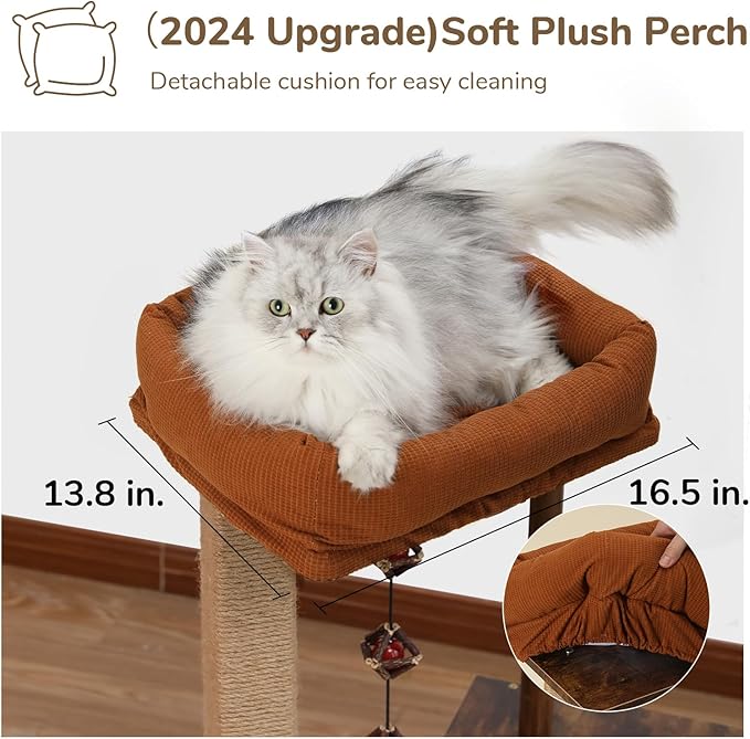 FUKUMARU Cat Scratching Post, Modern Style Cat Tree with Unique Square Post, Wooden Cat Tower with silvervine Balls, Retro Cat Condo Scratcher for Indoor Cats（Solid Wood）-Mewly Pet