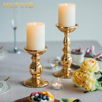 2 Pcs Gold Pillar Candle Holders, Gold Candlestick Most Ideal for 3" Pillar Candles, Gifts for Wedding, Party, Home, Spa, Reiki, Votive Candle (S + L)
