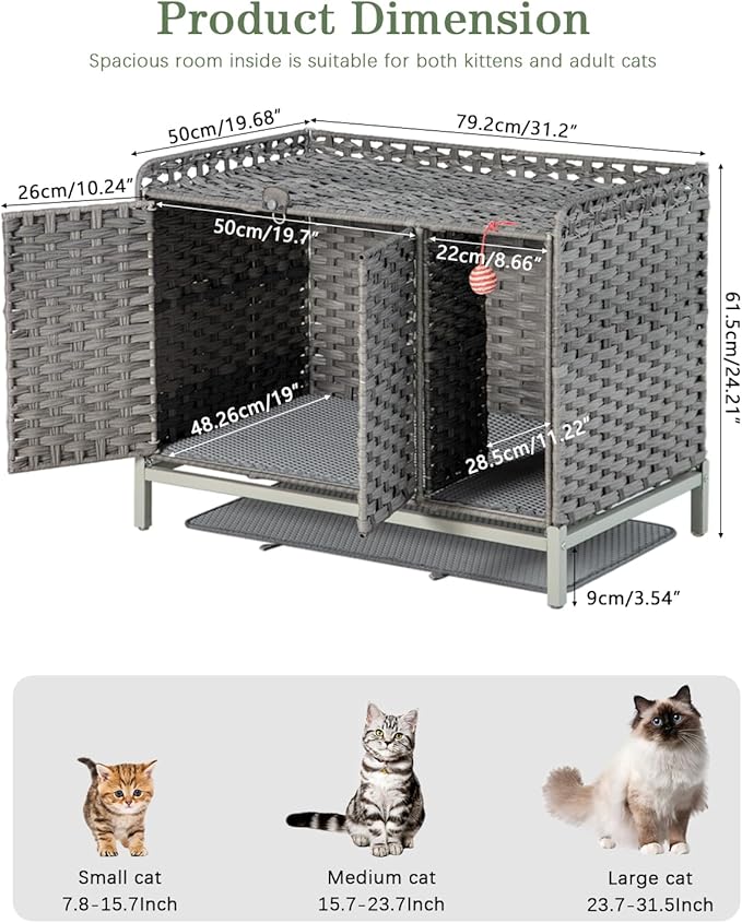Cat Litter Box Enclosure Furniture with Divider, Handwoven Rattan Litter Box with Mat, 31.2 x 19.6 x 24.2 Inches, Metal Heightened Feet, Hidden Cat House for Living Room, Bedroom (Gray)-Mewly Pet