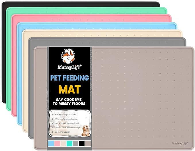 MateeyLife Dog & Cat Food Water Mat for Floors Waterproof, Nonslip Pets Bowl Feeding Mats with Raised Edges, Silicone Matt Tray for Messy Drinkers, 24"x16", Taupe-Mewly Pet