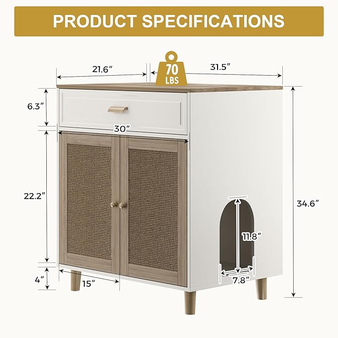 Cat Litter Box Enclosure Furniture Hidden - Indoor 2-in-1 Wooden Cat House & Washroom Cabinet with Scratching Board Doors and Drawer, 31.5”x21.6”x34.6”H-Mewly Pet