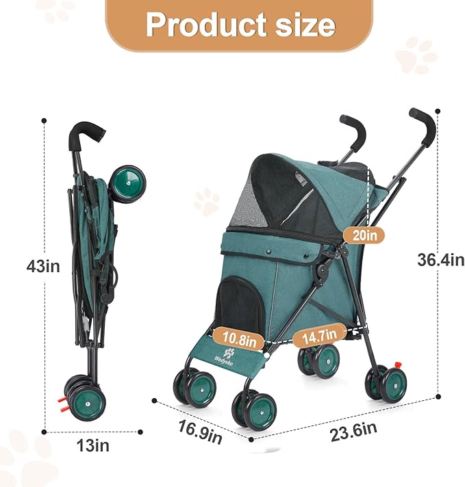 Umbrella Dog Stroller, 4 Wheels Pet Strolling, Foldable Carrier Pet Stroller for Small Dogs Cats, with Carrying Strap and Cup Holder, Dog Poop Bags & Dispenser, Up to 33 lbs, Dark Green-Mewly Pet