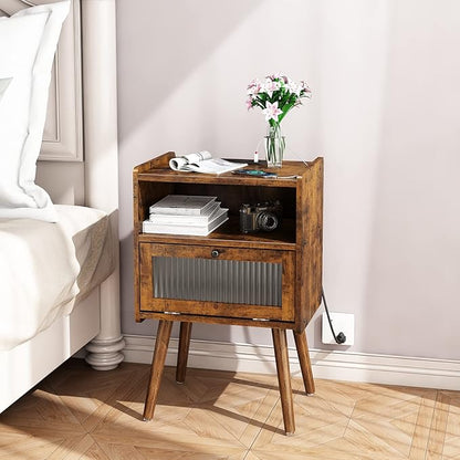 Mid Century Modern Nightstand with Charging Station, Bedside Tables with Glass Door, End Table Side Table with 2 Tiers Storage Space, for Bedroom, Living Room, Brown