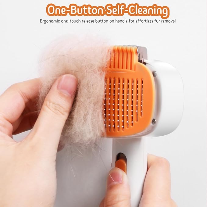 Self Cleaning Slicker Brush, 2-in-1 Cat Brush for Shedding, Skin Friendly Grooming Tool for Long & Medium-Long Hair Pets, Adjustable Bristle Length with Dematting Comb for Cats, Dogs (Orange)-Mewly Pet