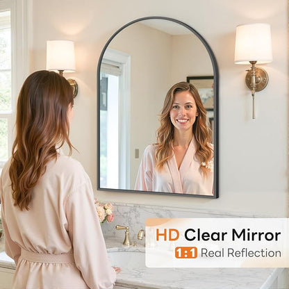Sweetcrispy Arched Bathroom Mirror 30x20.5 Inch Black Metal Framed Arch Vanity Mirror for Wall, Over Sink, Farmhouse, Restroom, Anti-Rust, Modern Decorative, Hanging or Leaning