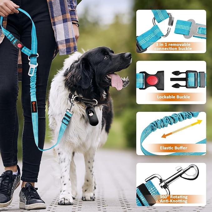 Removable Dog Seat Belt Harness for Car, 3 in 1 Pet Dog Car Seatbelt Leash, Retractable Restraint Secures to Vehicle Headrest & Adjustable Reflective Bungee Dog Seatbelt Tether, Blue and Black-Mewly Pet