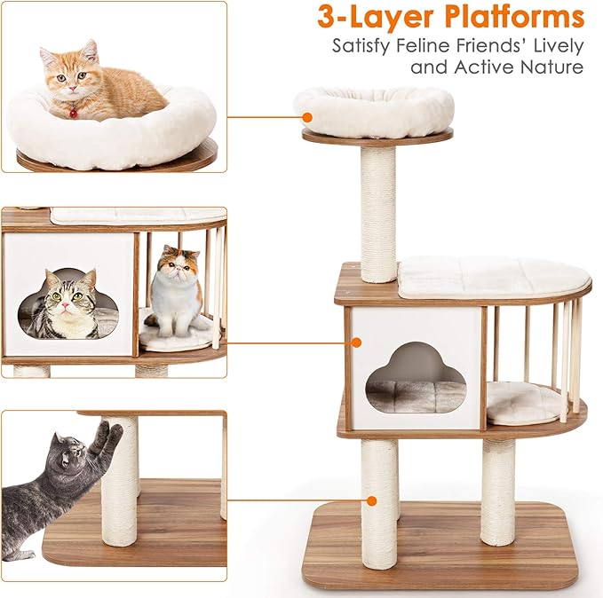 Tangkula Modern Wood Cat Tree, 46 Inches Cat Tower with Platform, Cat Activity Center with Scratching Posts and Washable Cushions, Wooden Cat Condo Furniture for Kittens and Cats (Natural)-Mewly Pet