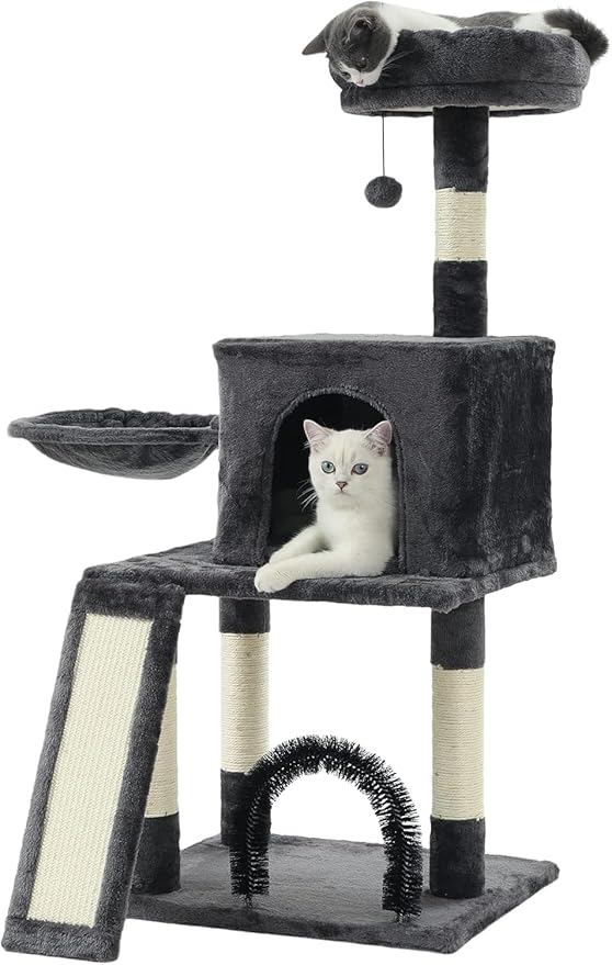 HOOPET 44IN Cat Tree for Indoor Cats - Multi-Level Cat Tower with Hammock, Condo, Scratching Posts, Self-Grooming Brush & Play Ball - Space-Saving Cat Furniture for Small Apartments-Mewly Pet