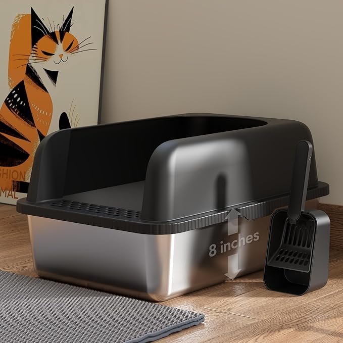 Stainless Steel Cat Litter Box with Lid, 24" L x 16" W x 11.8" H, Large Cat Litter Box for Multiple Cats with High Sided, No-Leak & Stick, Easy to Clean, Includes Litter Mat & Multi Functional Scoop-Mewly Pet