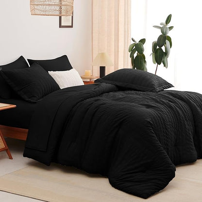 CozyLux Oversized King Comforter Set Black Seersucker 7 Pieces 120x98 Bed in a Bag Comforter Set with Sheets, Luxury Soft Bedding Sets with Down Alternative Comforter, Sheets, Pillowcases & Shams