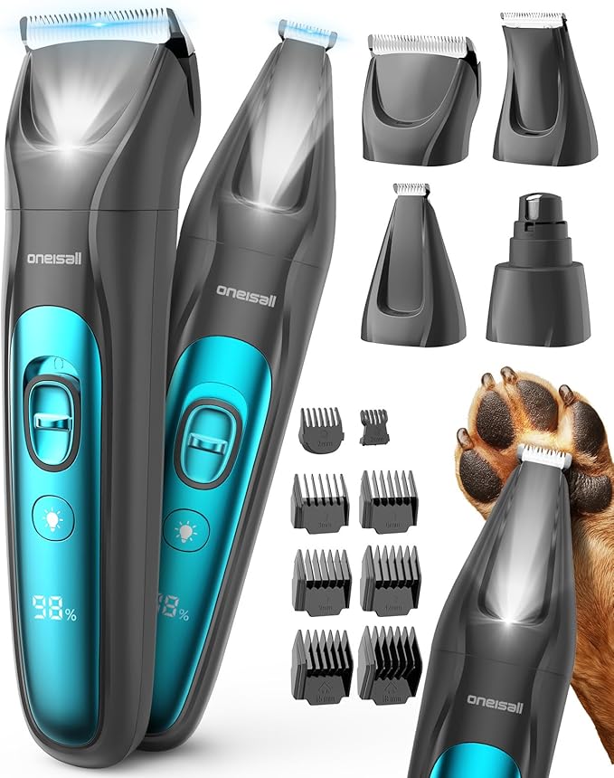 oneisall Quiet Dog Clippers for Grooming LED Light, Cordless Dog Grooming Kit 4 in 1, 2000mAh Pet Clippers Paw Trimmer Nail Grinder for Paw, Nail, Face, Ears, Legs, Body-Mewly Pet