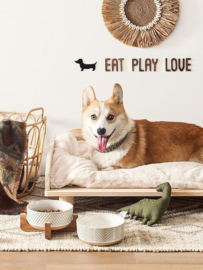 Ceramic Dog Bowl Set, 4 Cups Food and Water Bowl for Medium Small Dogs, Cute Pet Dishes with Wood Stand, Rhombus+Wave Design (Set of 2)-Mewly Pet