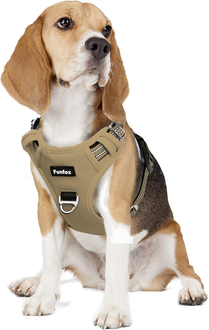 Funfox Dog Harness No Pull, Adjustable Pet Vest Harness, Super Soft Material with Vertical Handle Easy Control, Reflective Night Walking, 2 Leash Clips for Medium Sized Dogs, Brown, M-Mewly Pet