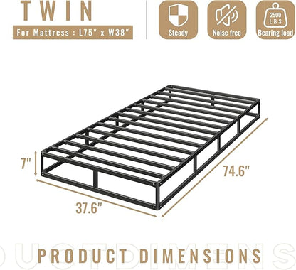 Box Spring Twin Size, 7 Inch Low Profile Metal Frame Mattress Foundation, 3000 lbs Heavy Duty Boxspring with Fabric Cover, Easy Assembly, Noise Free, Non-Slip