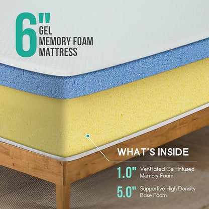 PayLessHere 6 Inch Full Gel Memory Foam Mattress Fiberglass Free/CertiPUR-US Certified/Bed-in-a-Box/Cool Sleep & Comfy Support