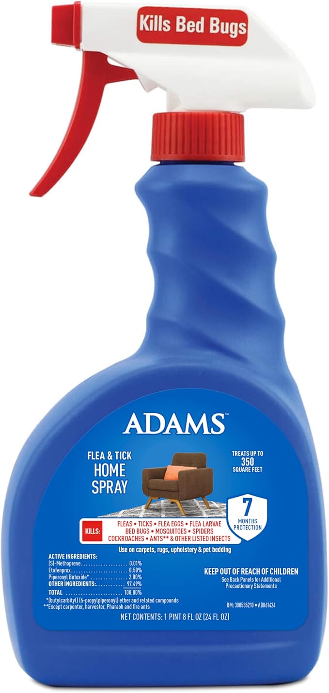 Adams Flea & Tick Home Spray with Precor, Kills Fleas, Flea Eggs, Flea Larvae, Bed Bugs, Ticks, Ants, Cockroaches, Spiders, Mosquitoes And Many Other Listed Nuisance Pests In The Home, 24 Fl Oz-Mewly Pet
