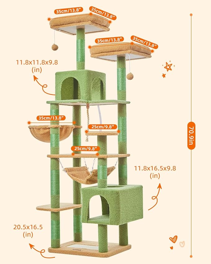 Taoqimiao Cat Tree, 71-Inch Cat Tree Cat Tower for Indoor Cats, Plush Multi-Level Cat Condo with 10 Scratching Posts, 2 Perches,Basket, 2 Caves,Hammock, 2 Pompoms,MS020T Cactus-Mewly Pet