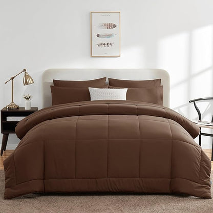 CozyLux Queen Comforter Set Brown, 7 Pieces Bed in a Bag, Brown Comforter Queen Size, All Season Bedding Sets with Stitch Quilted Comforter, Flat Sheet, Fitted Sheet, Pillowcases