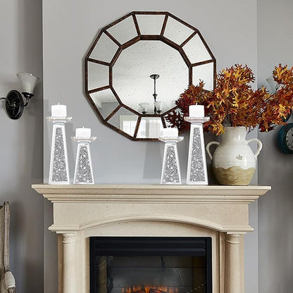 Wocred 2 Piece Candlestick Holders for Holding Pillar Candles, Crystal Crushed Diamond Candle Holders Set Decor for Dinning Room, Silver Glass Votive Candle Holders for Table Centerpiece(8”)