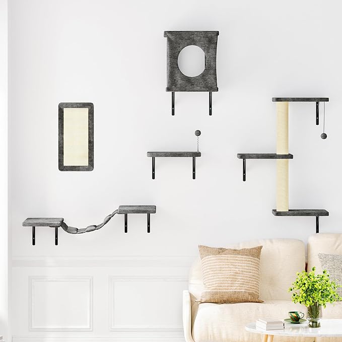 NUNU LAB Wall Mounted Cat Furniture, 5 Pcs Cat Wall Shelves with House, Bridge, Steps, Scratching Post, Shelves, Indoor Safe & Stable Furniture for Kittens Play, Gray-Mewly Pet