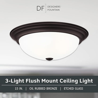DESIGNERS FOUNTAIN Reedley 3-Lights Flush Mount Ceiling Light, 15 Inch Lighting Fixture for Kitchen, Bedroom, Bathroom, and Hallway, Oil Rubbed Bronze with Etched Glass, 1257L-ORB-W