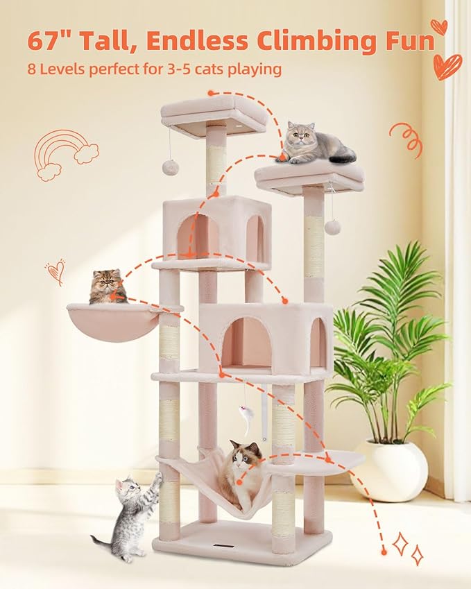 Taoqimiao Cat Tree, 66.2-Inch Cat Tower for Indoor Cats, Plush Multi-Level Cat Condo with 12 Scratching Posts, 2 Perches, 2 Caves, Hammock, 2 Pompoms, Jelly Pink MS013P-Mewly Pet