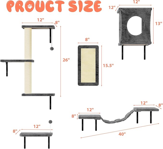 NUNU LAB Wall Mounted Cat Furniture, 5 Pcs Cat Wall Shelves with House, Bridge, Steps, Scratching Post, Shelves, Indoor Safe & Stable Furniture for Kittens Play, Gray-Mewly Pet