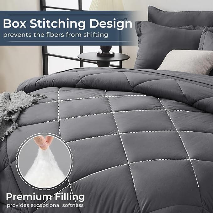 HEVUMYI Oversized Queen Comforter Set Dark Grey - 7-Piece All Season Bed in a Bag Oversized Queen, Soft Bedding Set with Comforter, Flat Sheet, Deep Pocket Fitted Sheet, Pillowcases, Pillow Shams