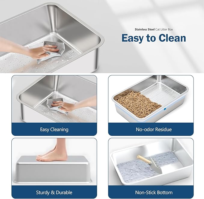 Stainless Steel Sifting Litter Box with Lid, Metal Litter Pan with Scoop for Big Cats Multi Cat, Extra Large Cats Litterbox Odor Control Easy Clean (23*15.4*6.9inch-Without Enclosure, X-Large)-Mewly Pet