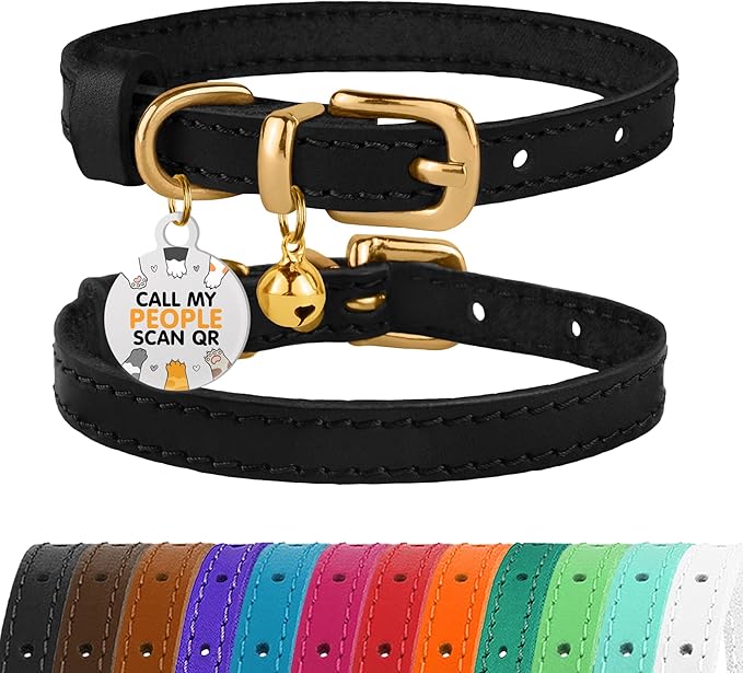 BRONZEDOG Leather Cat Collar with Removable Bells Non Breakaway Kitten QR Tag for Girl Boy (7" - 9" for Cats, Black & Gold)-Mewly Pet