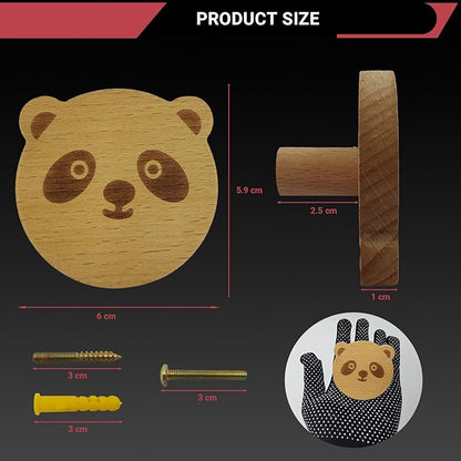 6PCS Wooden Panda Shaped Cabinet Knobs, Cabinet Handles, Single Hole Beech Wood Handles, Wood Hooks with Full Set of Screw Accessories