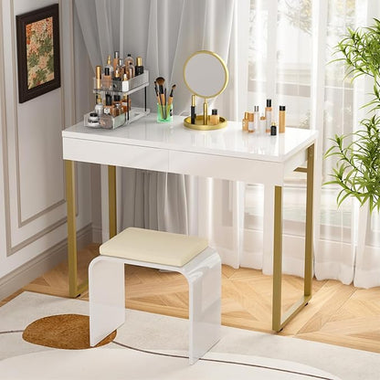GreenForest Vanity Desk with 2 Drawers,47 inch White Desk with Glossy Desktop Easy Clean,Makeup Dressing Table with Metal Gold Legs for Home Office Small Spaces,Bedroom