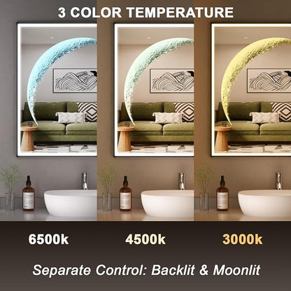 LED Bathroom Mirror, 32x32 inch Square Black Frame Mirror with 3 Color Lights, Half Moon Light, Defogger, Wall Mounted LED Vanity Mirror for Bedroom, Entryway, Living Room, Home Decor