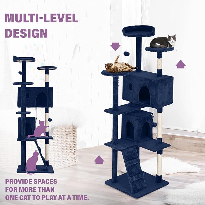 70 Inches Multi-Level Cat Tower for Indoor Cats - XL Tree Climbing Condo With Scratching Posts and Hanging Toys, Navy Blue-Mewly Pet