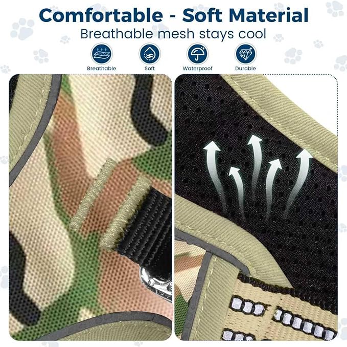 Funfox Dog Harness No Pull, Adjustable Pet Vest Harness, Super Soft Material with Vertical Handle Easy Control, Reflective Night Walking, 2 Leash Clips for Large Dogs, Camo Green, L-Mewly Pet